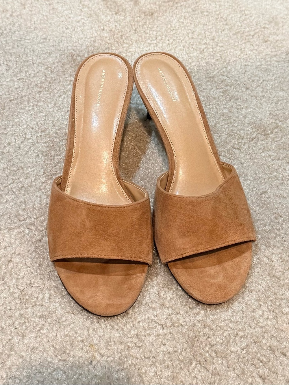 Anthropologie Tan Suede Slide Mules with Low Block Heel
